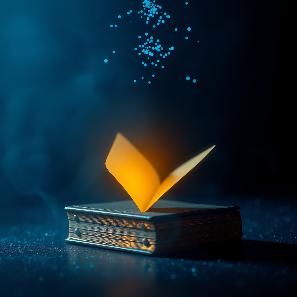 Rare antique book glowing with golden light surrounded by blue digital particles