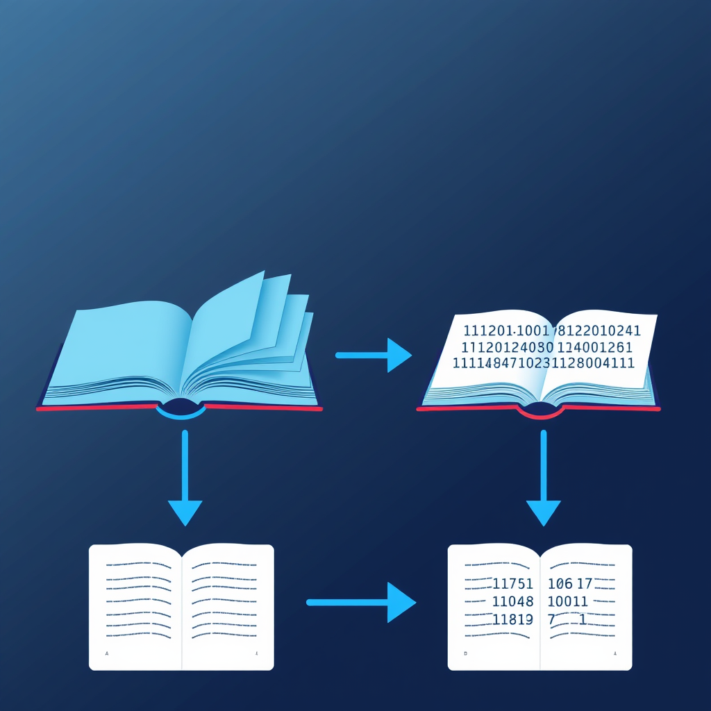 Book transforming into binary code in a timeline visualization