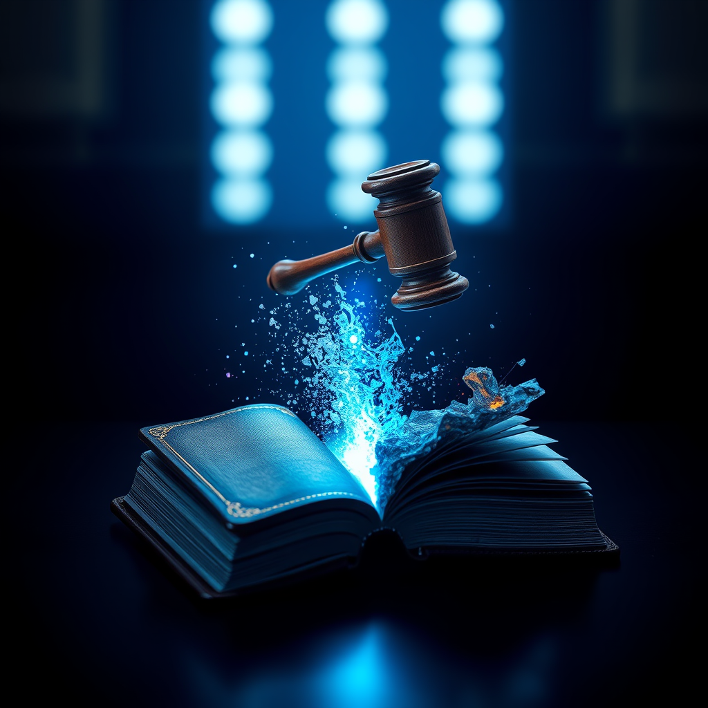 Judge gavel splitting a leather-bound book in half