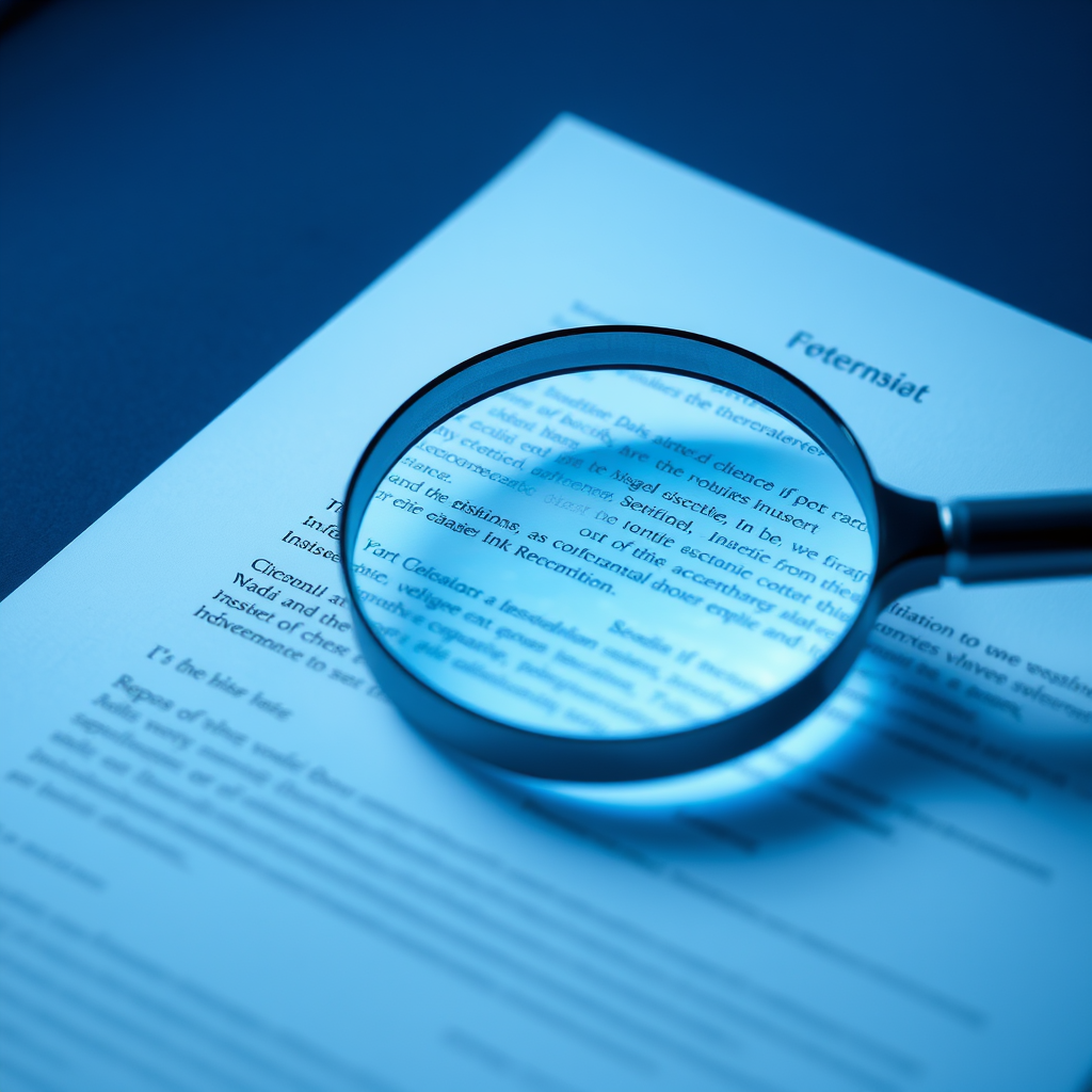 Magnifying glass revealing ghostly hidden text on a white document