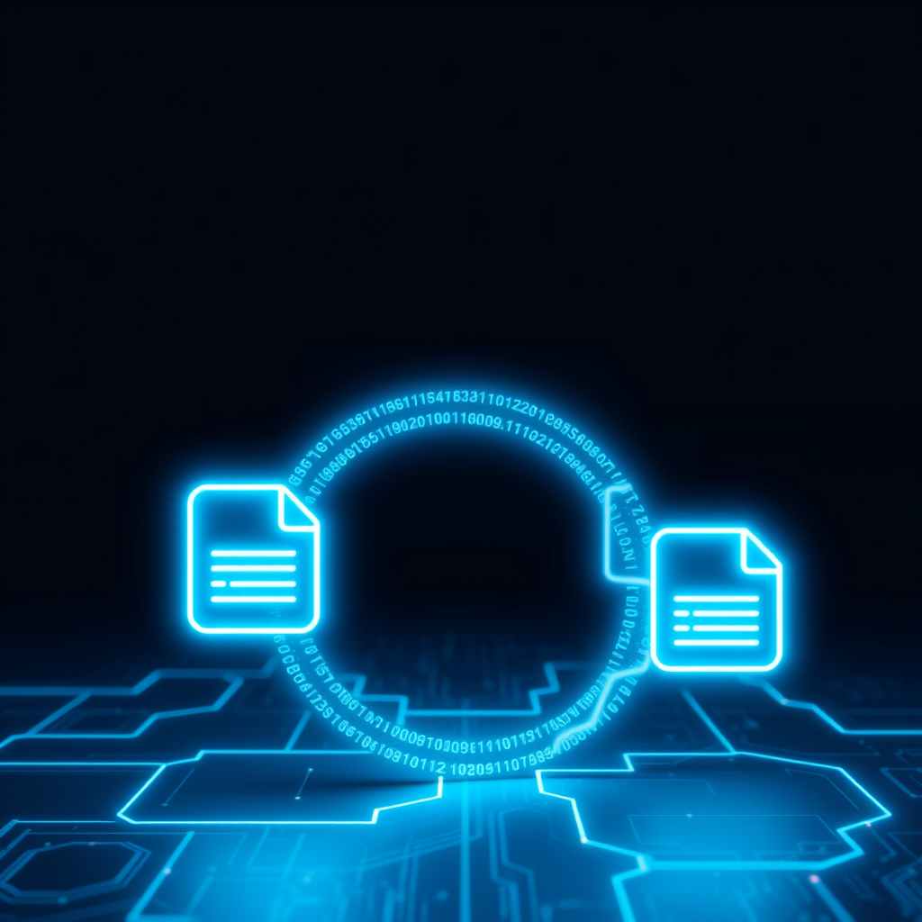 Luminous code worm replicating between document icons