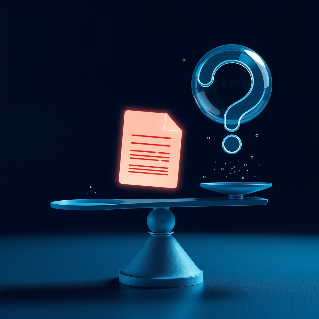 Scale weighing a document against a translucent question mark