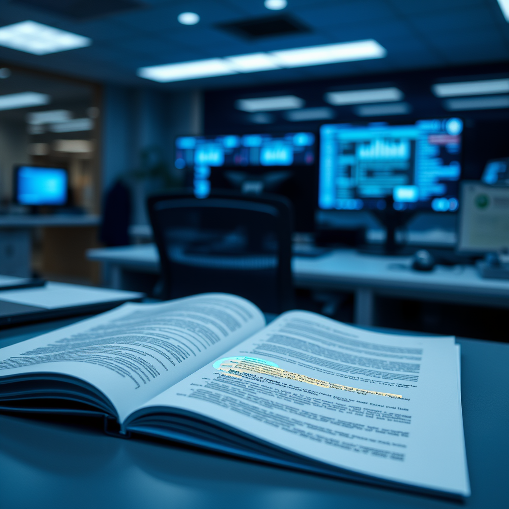 Corporate document with hidden menace and security operations glow