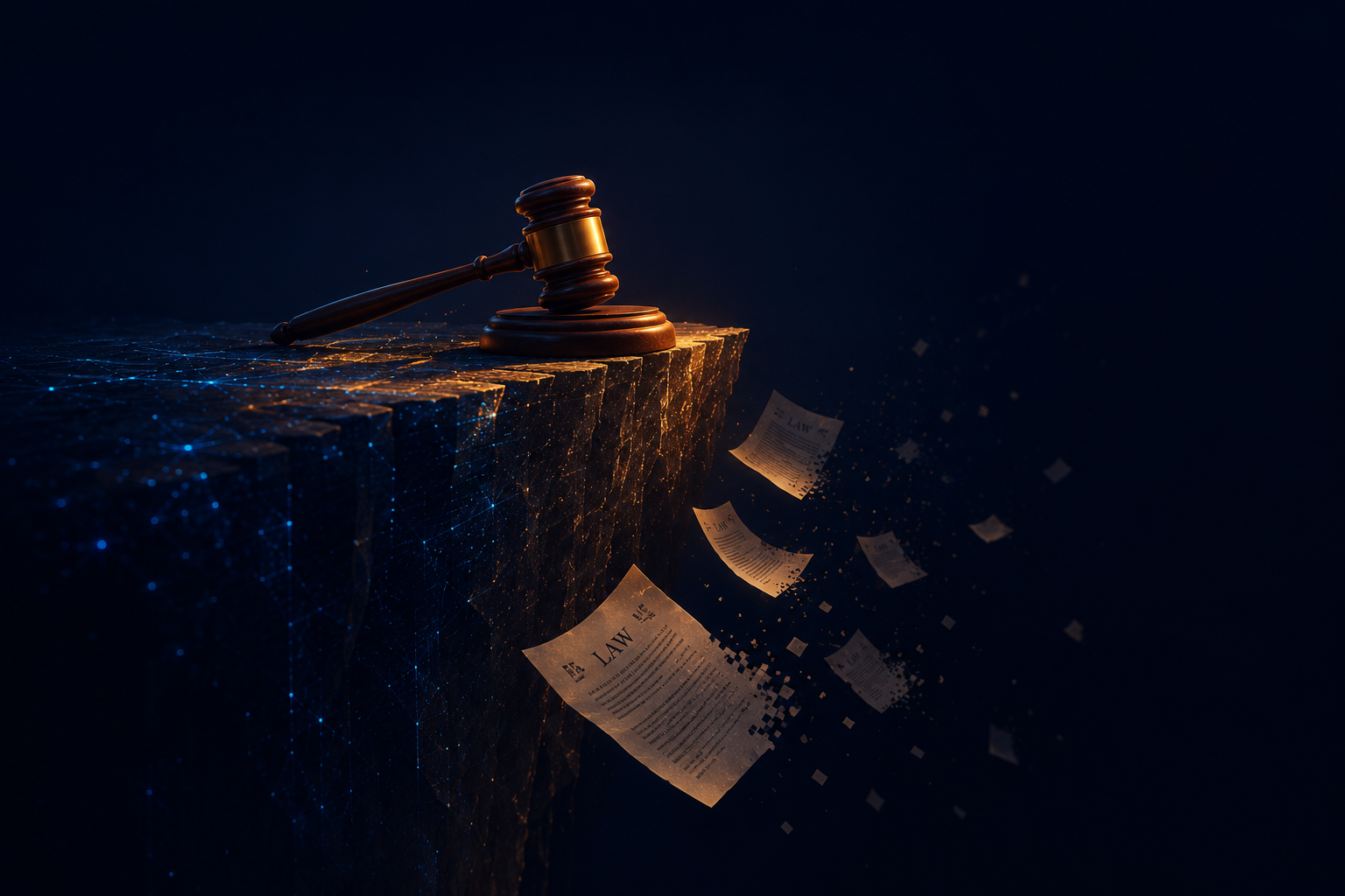Copyright gavel on digital cliff edge AI law concept