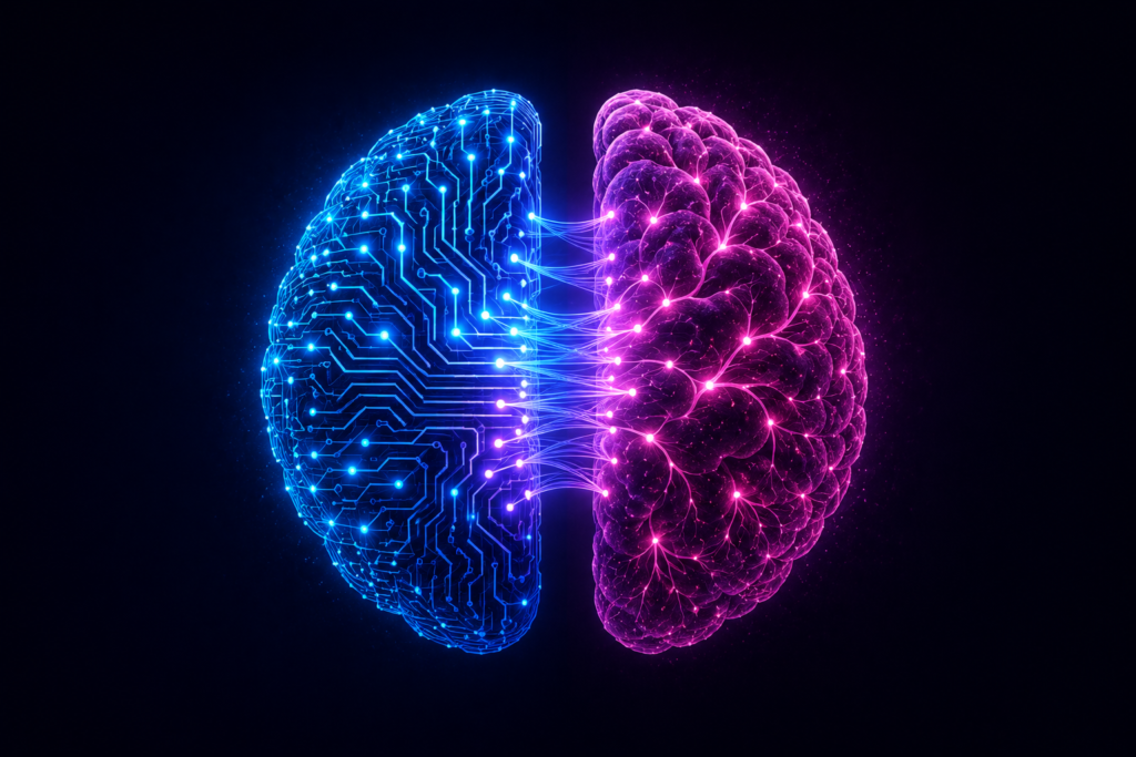 Split human brain half organic half circuit AI reasoning
