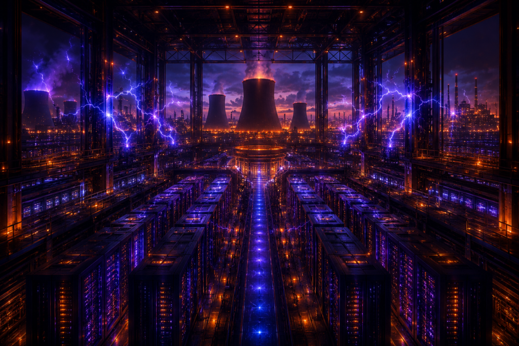 Massive data center with electricity arcing AI hardware
