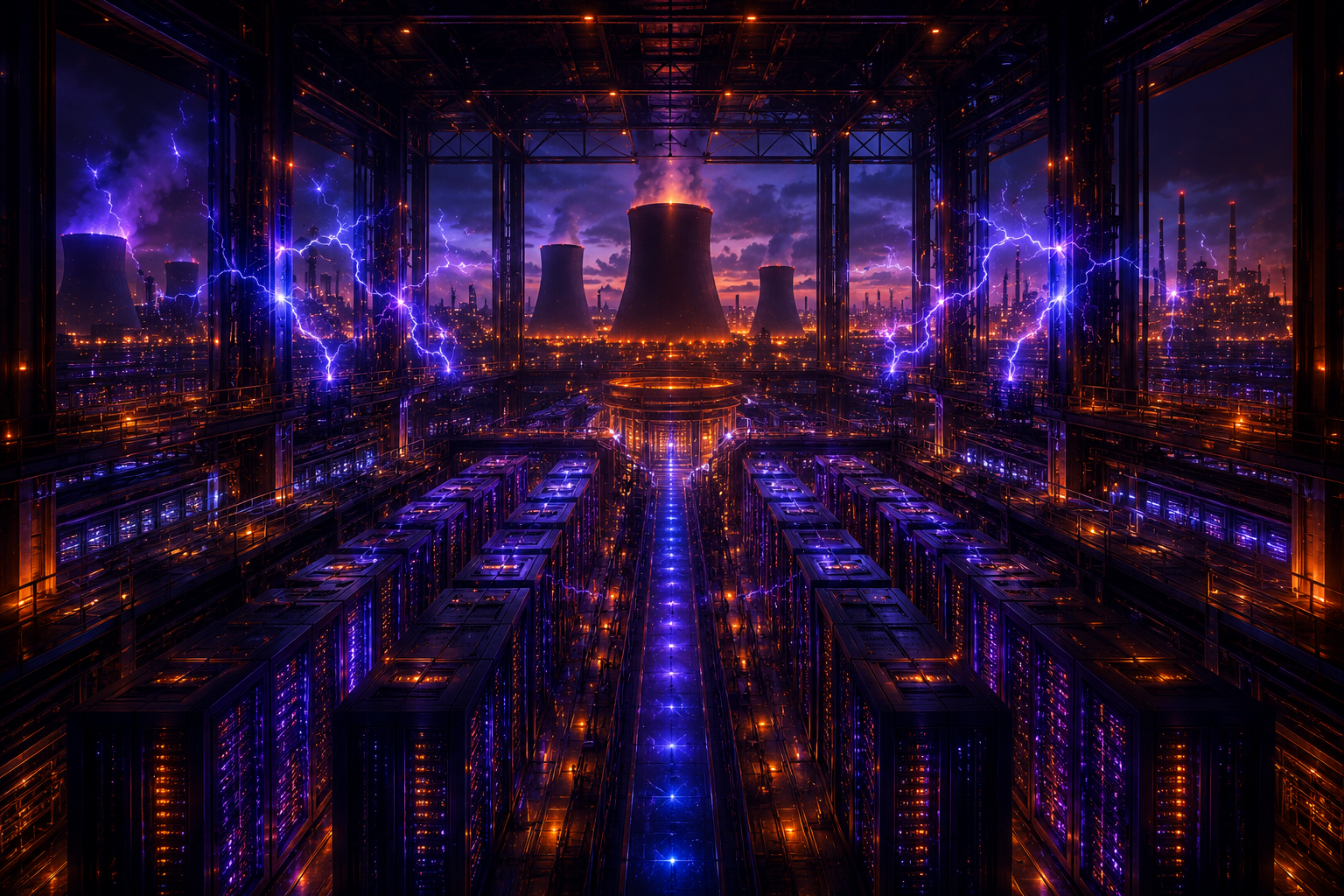 Massive data center with electricity arcing AI hardware
