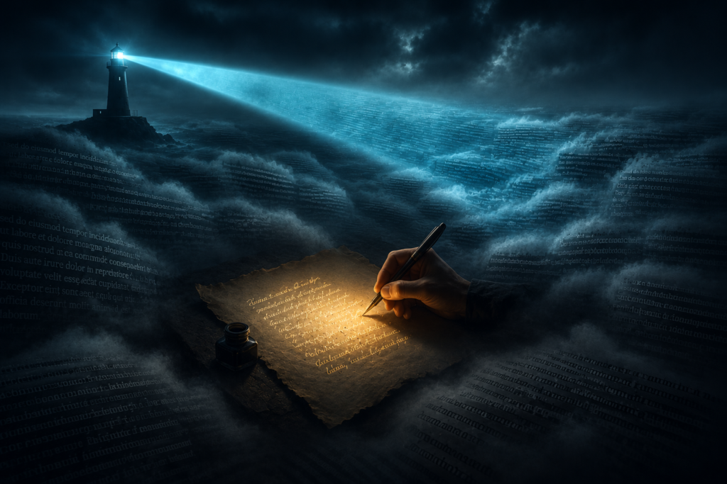 Lighthouse beam cutting through AI generated text fog