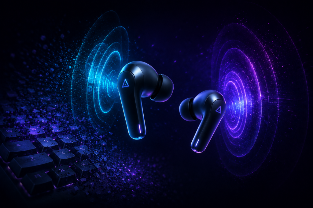 Futuristic wireless earbuds with sound waves voice AI