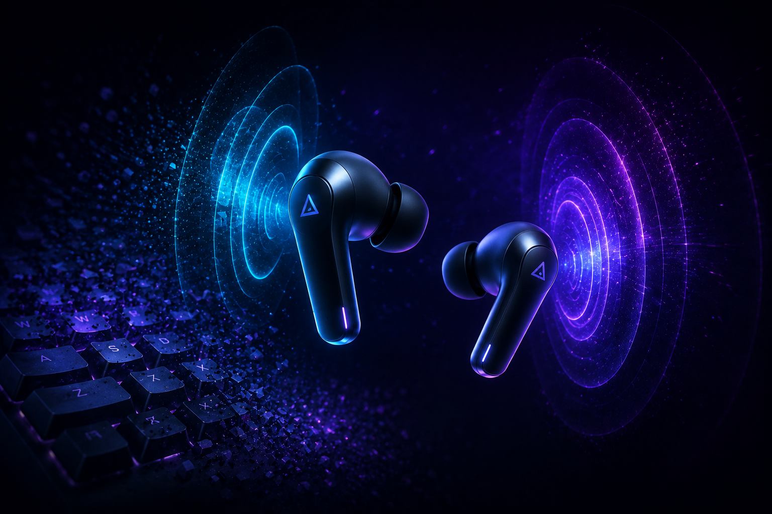 Futuristic wireless earbuds with sound waves voice AI