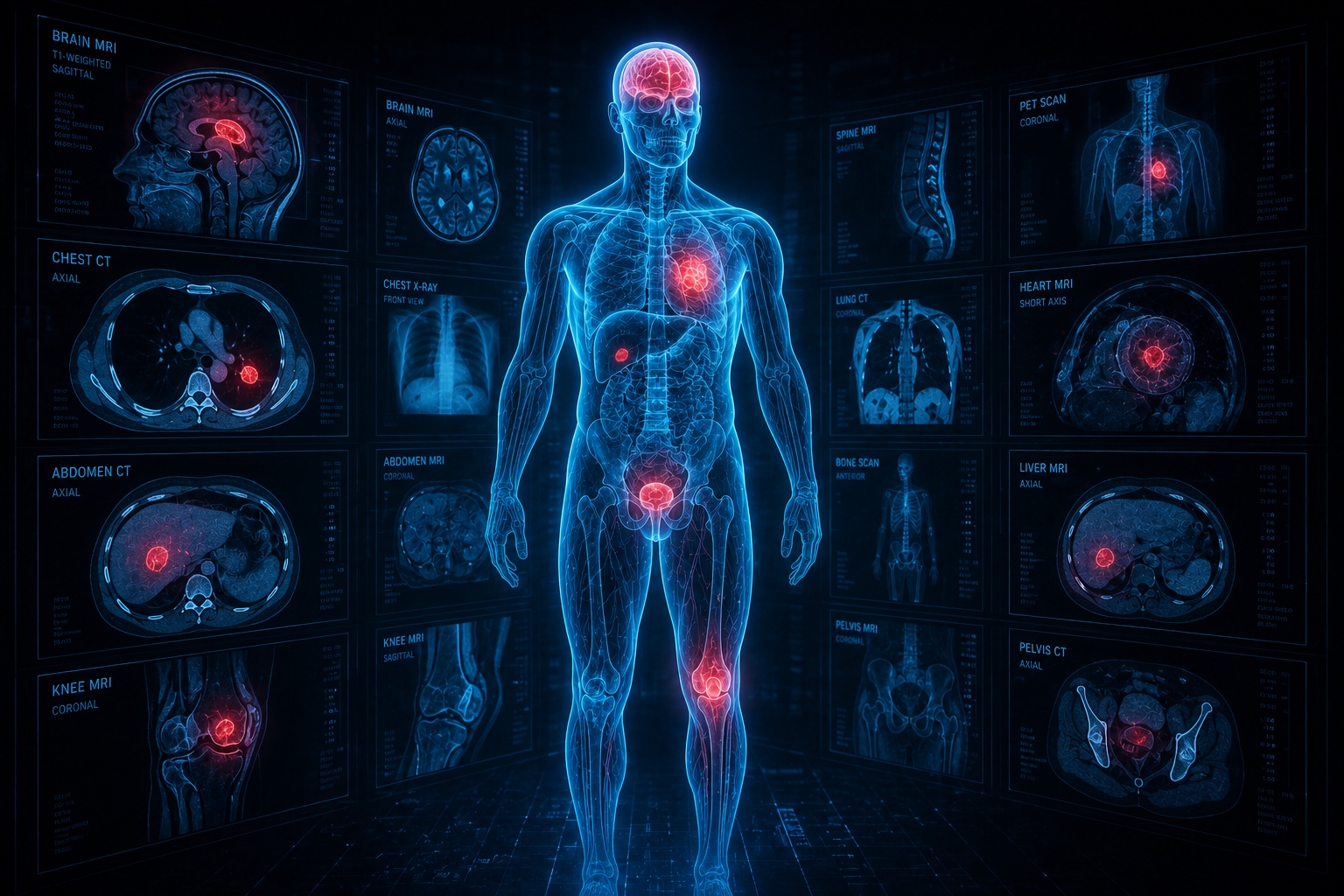 Translucent human body scan with AI diagnostic highlights