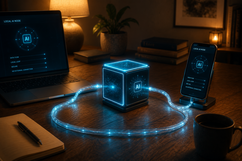 Small glowing personal AI cloud server box on desk