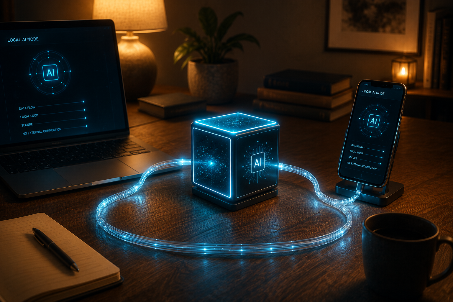 Small glowing personal AI cloud server box on desk