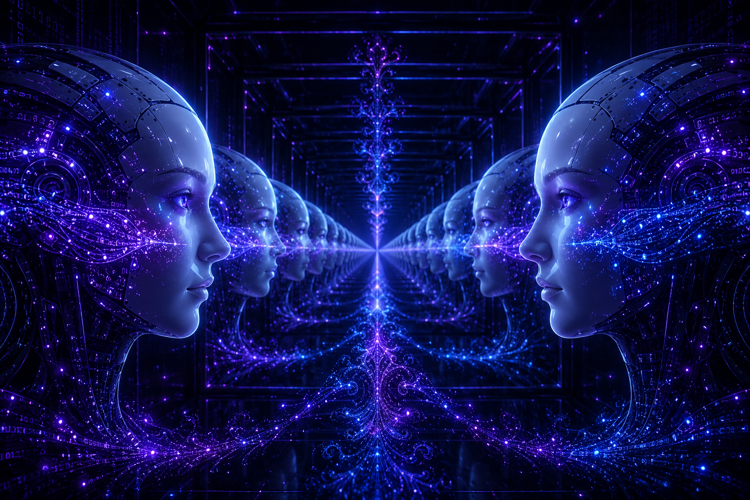 Two robotic faces in mirrored infinite loop synthetic data