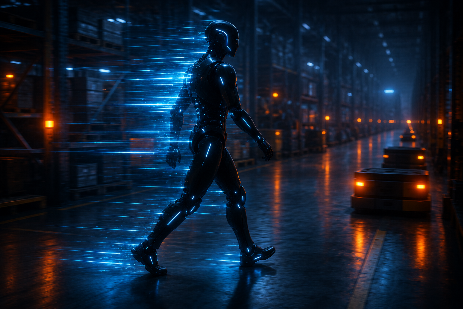 Sleek humanoid robot walking through warehouse