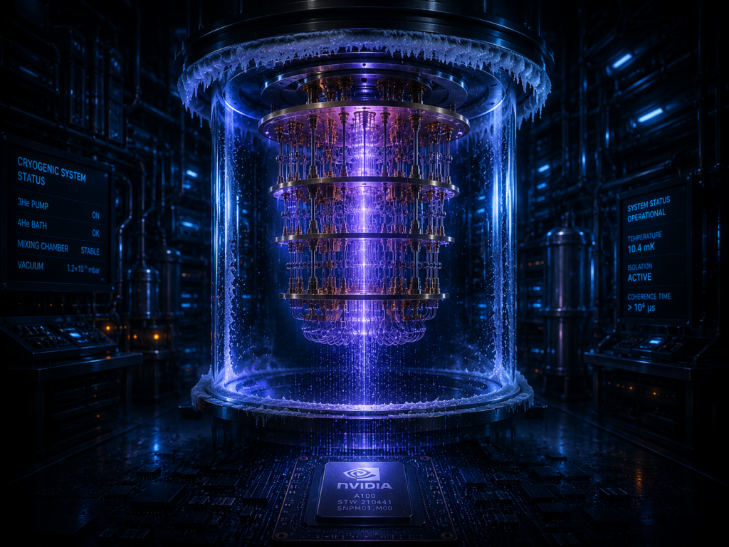 Quantum processor suspended in cryogenic chamber