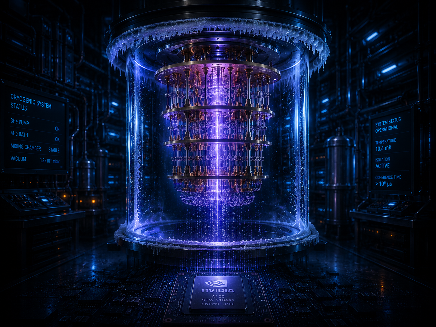Quantum processor suspended in cryogenic chamber