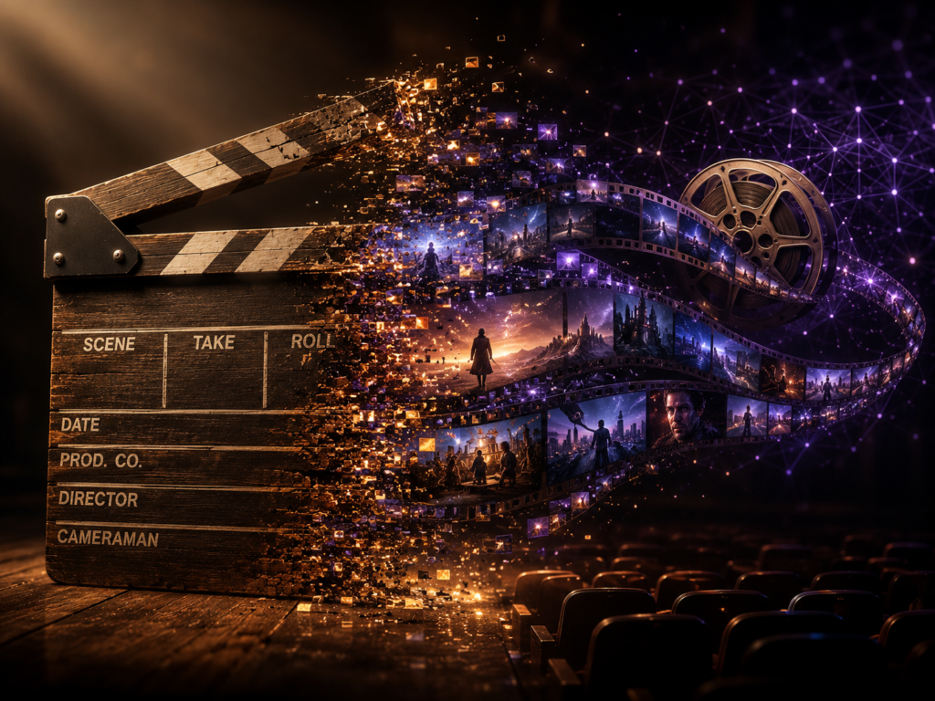 Movie clapperboard dissolving into digital particles AI video