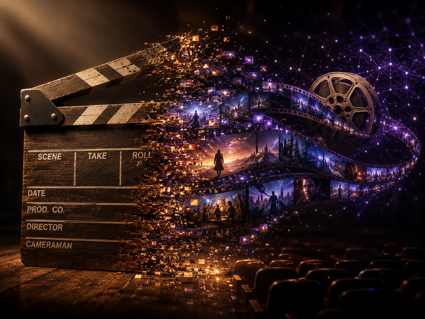 Movie clapperboard dissolving into digital particles AI video