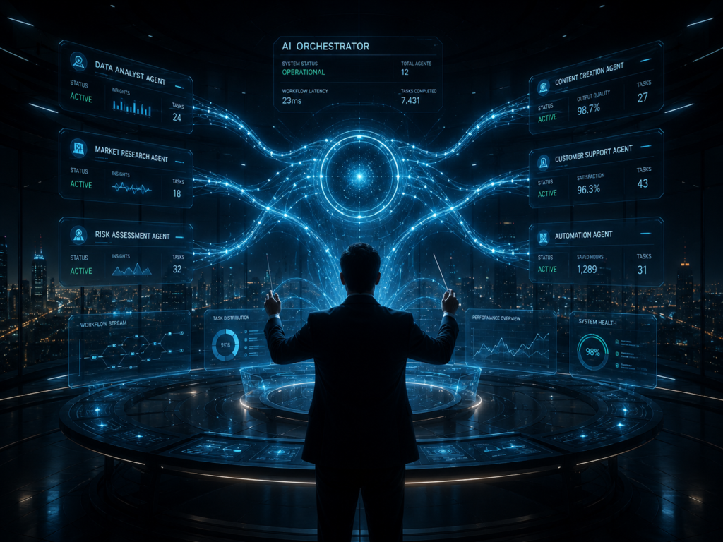 Professional orchestrating holographic AI agent interfaces