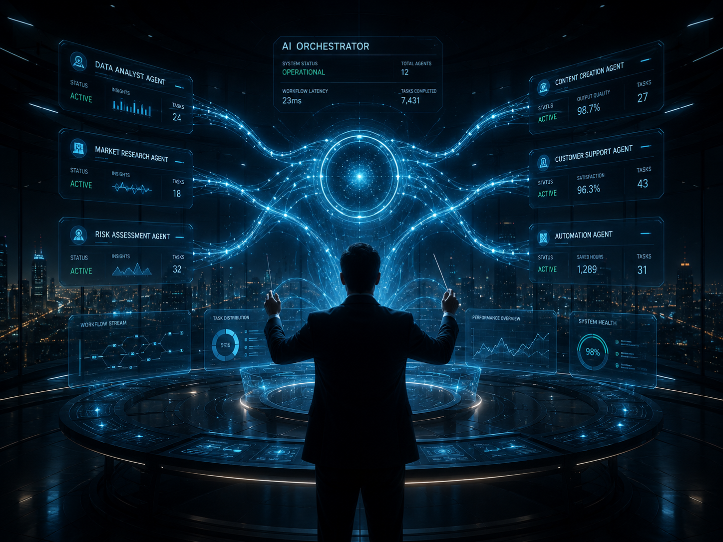 Professional orchestrating holographic AI agent interfaces