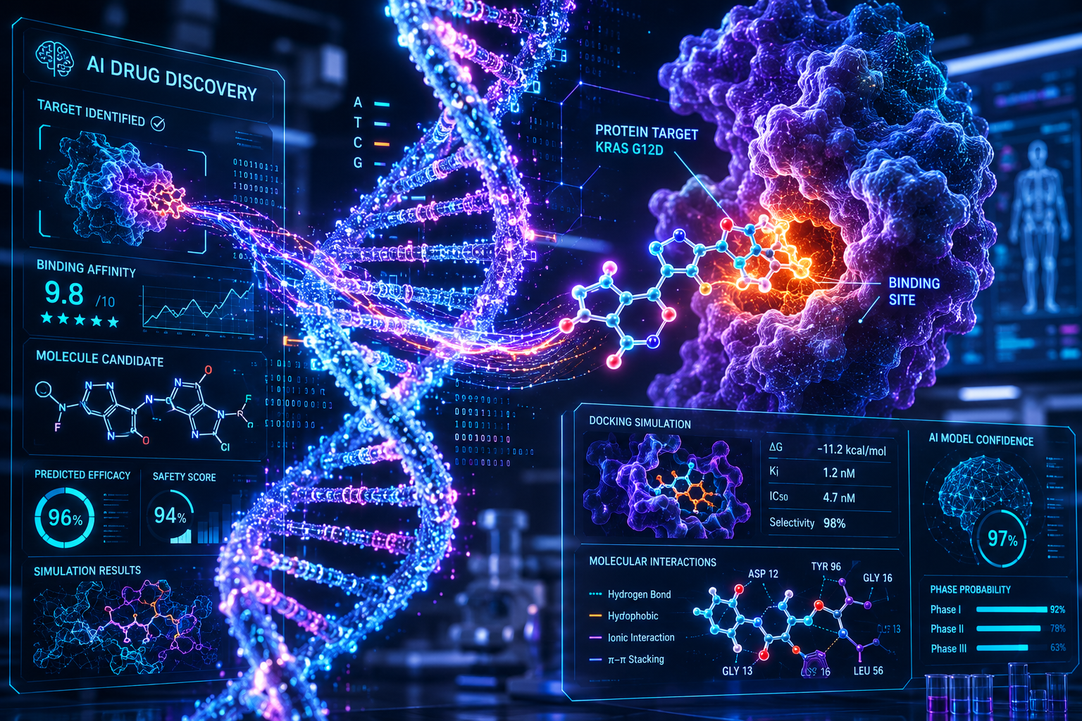 DNA helix with AI designed drug molecules binding