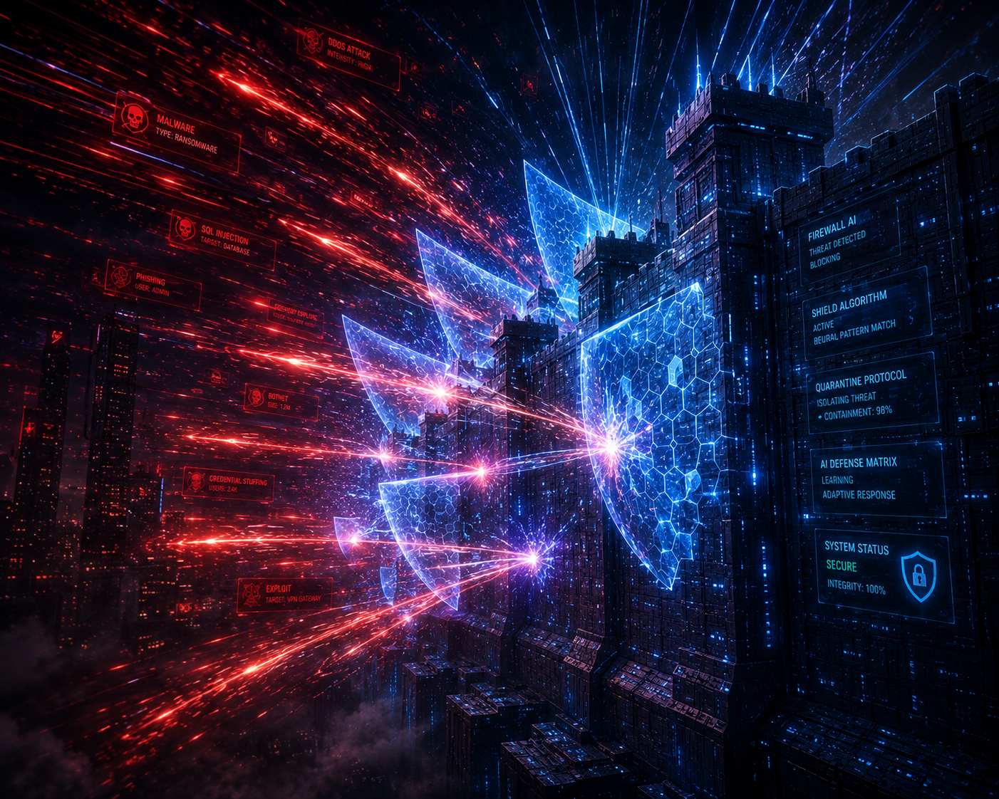 Digital fortress with red blue cyber attack defense