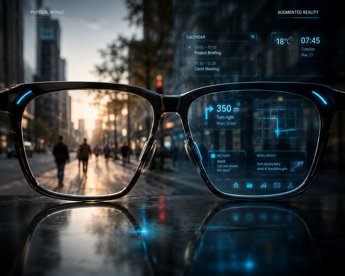 Sleek AR glasses with augmented reality overlay interface