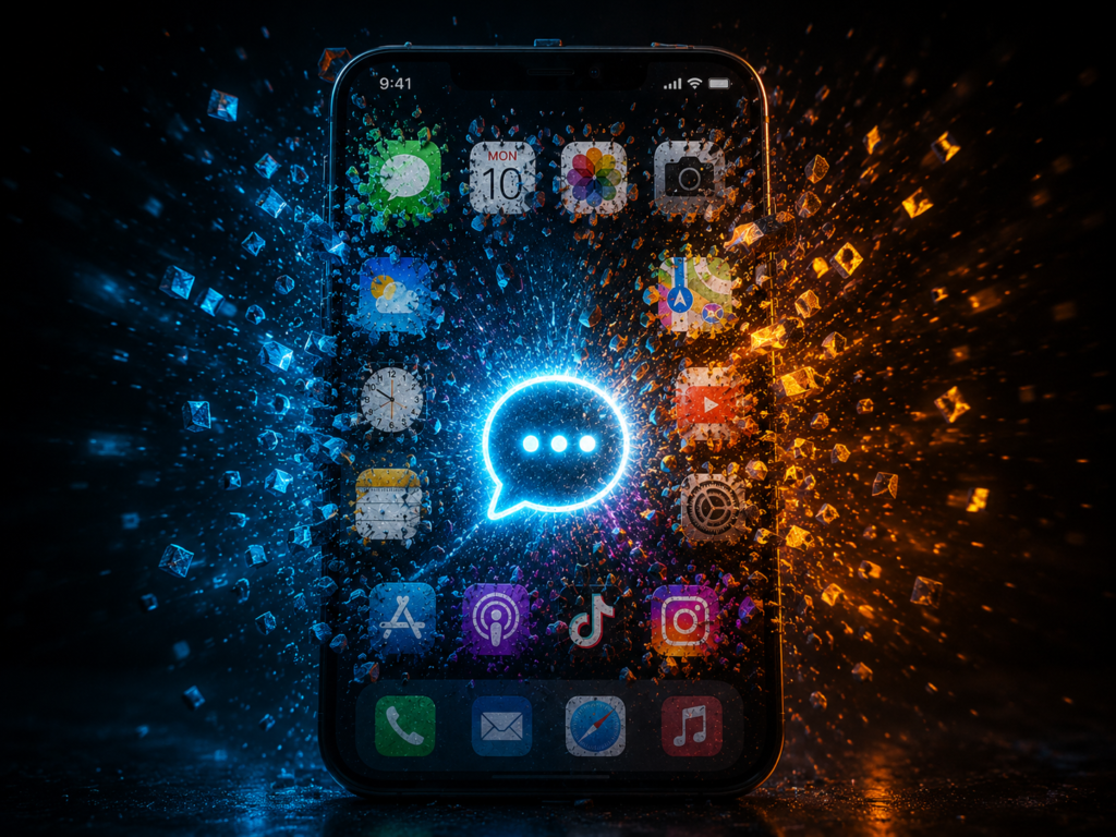 Smartphone home screen crumbling into chat bubble