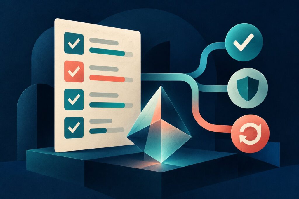 Illustration of an agent evaluation checklist connected to completion, permission and recovery checks.