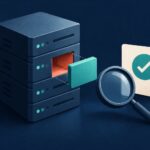 Illustration of a server security gap being covered by a patch beside an inspection checklist.